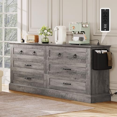 YITAHOME Farmhouse 6 Drawers Dresser, 59" Wide Wood Rustic Drawers with Nice Texture, Vintage Design, Storage Dressers Organizer for Living Room, Hall
