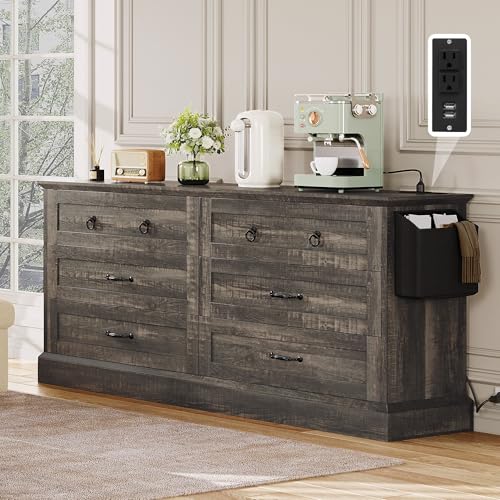 YITAHOME Farmhouse 6 Drawers Dresser, 59" Wide Wood Rustic Chest of Drawers with Nice Texture, Vintage Design, Storage Dressers Organizer for Living R