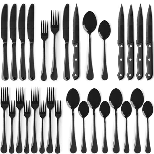 Astercook 24-Piece Black Silverware Set with Steak Knives Flatware Set for 4 Food-Grade Stainless Steel Cutlery Set Mirror Polished Utensils Set Inclu