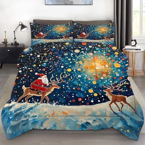 Christmas Comforter Set Full: Galaxy Bedding Sets Blue Festival Santa Claus Deer Quilt Set for Girls Kids Teens Bedroom 1 Comforter & 2 Pillowcases Lb