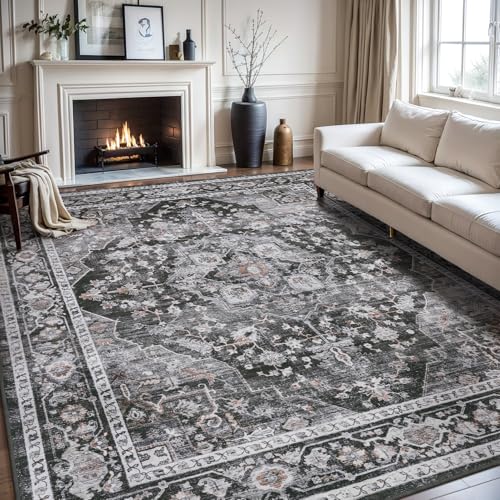 AMOAMI-Area Rug 6X9 Rugs for Living Room-Vintage Sof Dark Grey & Black Rugs for Bedroom-Non Slip Carpet-Machine Washable Rug for Dining Room Living Ro