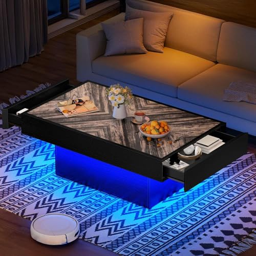 YITAHOME LED Game Coffee Table with 2 Drawers Storage, Rectangle Modern Gaming Black Coffee Tables Engineered Wood Low Coffee Tables for Living Room D