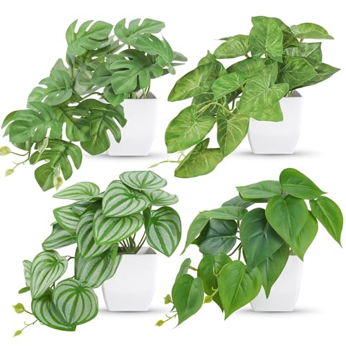 Der Rose 4Pcs Small Fake Plants Artificial Mini Faux Plants for Bathroom Office Desk Shelf Table Accessories Decor Indoor White 4