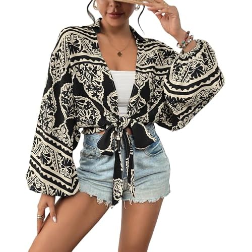 Eddoyee Women's Deep V Neck Tie Front Knot Wrap Tops Long Lantern Sleeve Casual Boho Blouses Loose Tunic Self-tie Shirts Black Medium