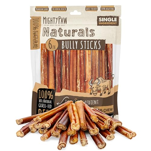 Mighty Paw Naturals Bully Sticks for Dogs - Grass Fed Beef Dog Chews. Pets Stick for Large Dogs, Medium and Small Breeds. Lower Odor Bully Treats for