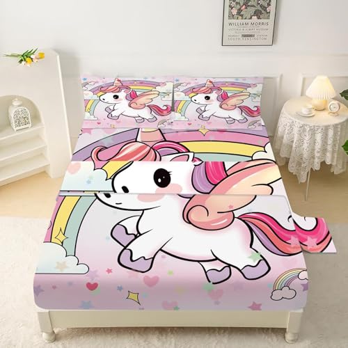 Unicorn Sheet Set : Pink Rainbow Unicorn Bedding Set Full-Queen Size for Girls Teens Women Bedroom Bed - 1 Flat Sheet, 1 Fitted Sheet, 2 Pillowcases U