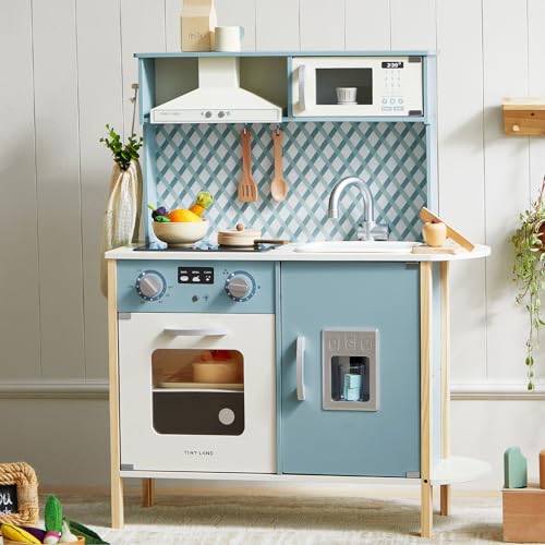 Tiny Land Play Kitchen for Kids, Wooden Kids Play Kitchen Playset Chef Pretend Play Set for Toddlers with Real Lights & Sounds, Toys Kitchen with 18 P
