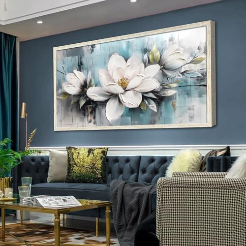 Ardemy Magnolia Wall Art Framed Large Canvas Wall Decor Living Room, White Floral Painting Wall Decor Textured Pictures Teal Flower Artwork for Bedroo