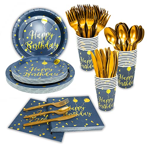 175 Pieces Gold Disposable Party Dinnerware Set &Disposable Birthday Party Dinnerware - Paper Plates Napkins Cups, Gold Plastic Forks Knives Spoons Da