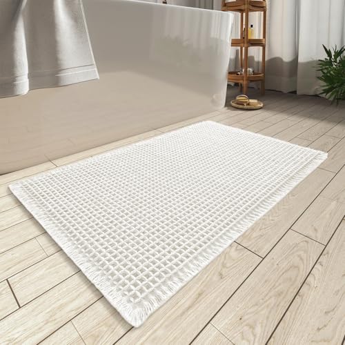 AMOAMI Upgraded Waffle Bath Mat, Super Absorbent Non Slip Bath Mats for Bathroom Floor, Machine Washable Boho Bathroom Rugs with Tassels, Rubber Backe