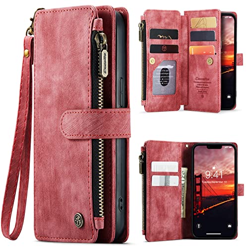 for iPhone 14 Wallet Case with 7 Card Holder Slots Magnetic Zipper Pocket Pouch Flip KicStand Durable Premium Leather PU with Lanyard Strap Wristlet f