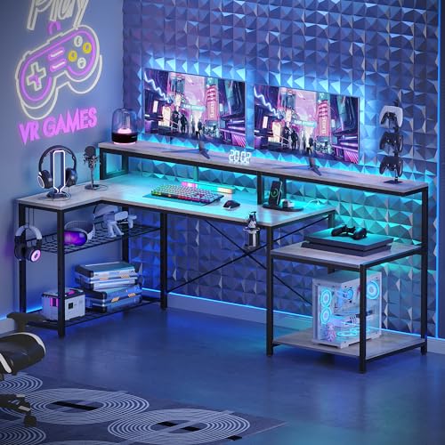 Bestier 71.5 inch Computer Desk with Power Outlets, LED Home Office Desk with Long Monitor Stand, Large Corner Desk with Storage Shelf, Cup Holder & H