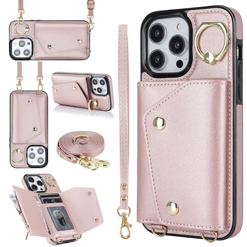 for iPhone 15 Pro Luxury Zipper Wallet Case with Ring, Multi Card Holder Adjustable Crossbody Strap, Fashion Wallet Bag.(Rosegold) RoseGold iPhone 15