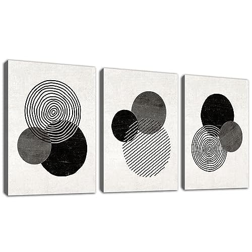 NINEASO Black and White Wall Art Canvas Set Mid Century Boho Pictures Modern Geometric Lines Rounds Wall Decor Minimalist Bohemian Abstract Painting A
