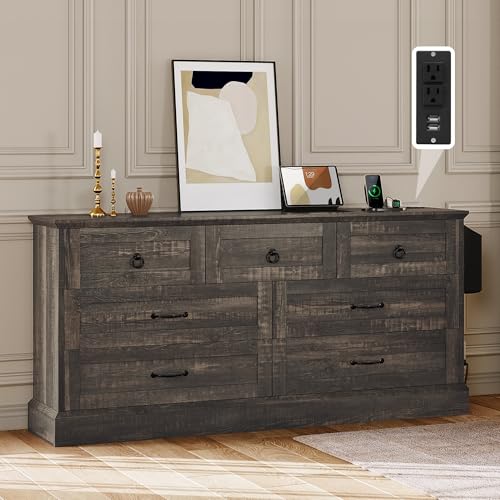 YITAHOME Farmhouse 7 Drawers Dresser for Bedroom, 59" Wide Wood Rustic Chest of Drawers with Nice Texture, Vintage Design, Storage Dressers Organizer
