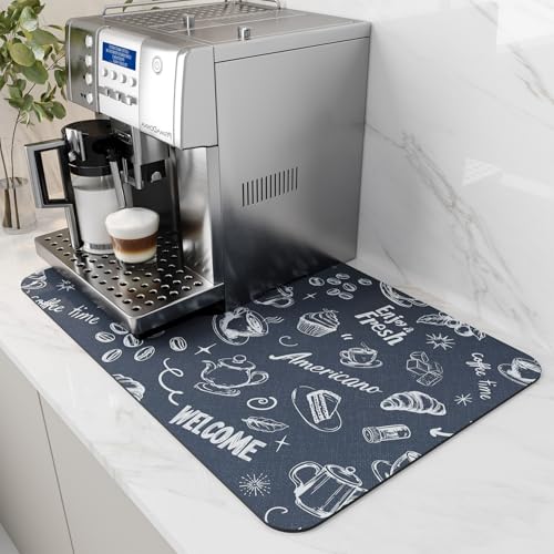 AMOAMI Coffee Mat - Hide Stain, Rubber Backed, Absorbent Dish Drying Mat for Kitchen Counter - Fits Under Coffee Maker & Machine - 16X24, Dust Blue DU