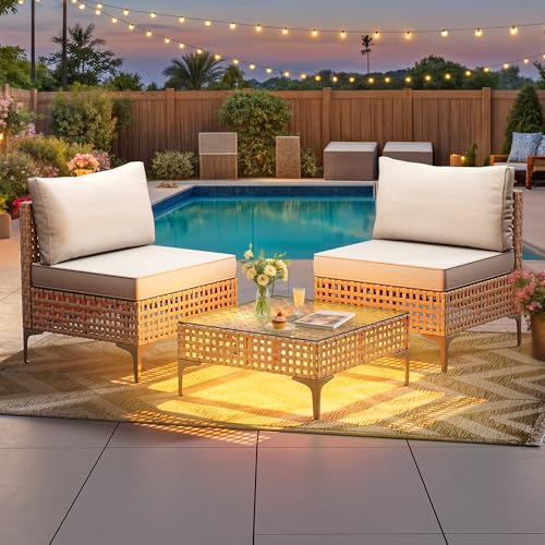 YITAHOME Wicker Patio Furniture Set 3 Pieces Outdoor Sectional Sofa with Solar Light Table Outdoor Couch with Waterproof Cushions All-Weather Rattan P