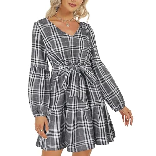 ROYLAMP Women's Tunic Dresses Long Sleeve V Neck Plaid Tie Waist Ruffle Swing Shift Casual Mini Dress with Pocket Small Plaid Grey