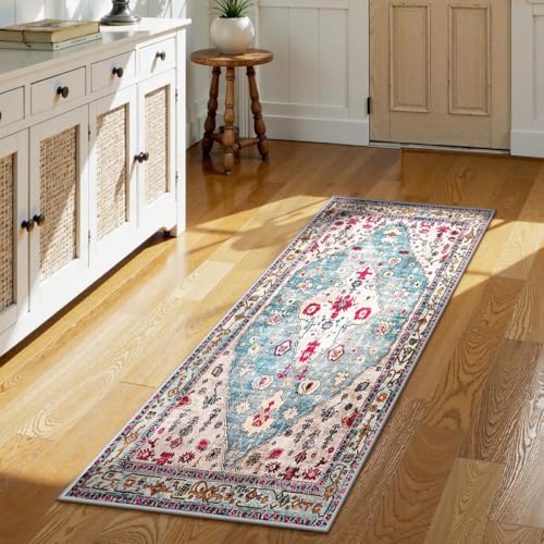 Lahome Boho Tribal Runner Rug - 2x4.3 Aqua Soft Laundry Room Rug Washable Door Mat, Machine Washable Non Slip Long Bathroom Carpet Runner for Bedroom