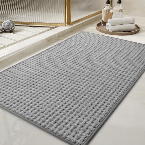 Tchdio Checkered Bath Mat, Super Absorbent Non-Slip Rug for Bathroom Floor, Thin and Machine Washable, Woven Textured for Beside Tub, 17" x 24" Light