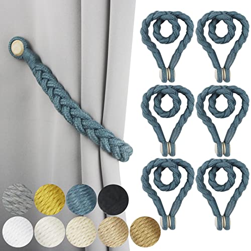 6 Pack Magnetic Soft Curtain Tiebacks Cotton Hand-Woven Tieback Holdback Home Decorative Tie Backs with Wooden Buckle for Home Office Decor (Blue, 6)