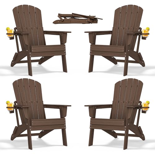 Folding Adirondack Chair with Cup Holder Set of 4, HDPE Patio Chairs,All-Weather Outdoor Chairs for Backyard, Deck,Fire Pit-Coffee Coffee 4 PCS