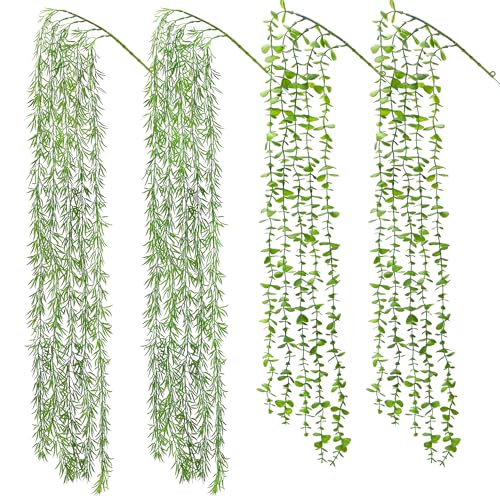 Der Rose 4Pcs Fake Hanging Plants Uv Resistant Artificial Eucalytus Faux Outdoor Hanging Plants for Wall Shelf Patio Front Porch Decor
