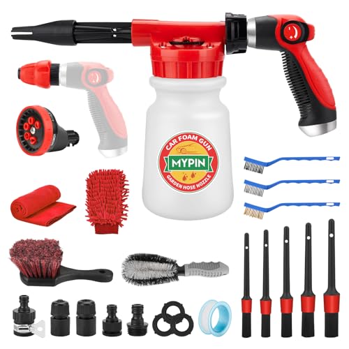 Car Wash Foam Gun Set-Hose Sprayer, 22pcs Wash Kits Foam Cannon, Adjustable with 2.5-6 Ratio Dial Foam Blaster, 1L Bottle, Nozzles, Mitten, 1-2’’