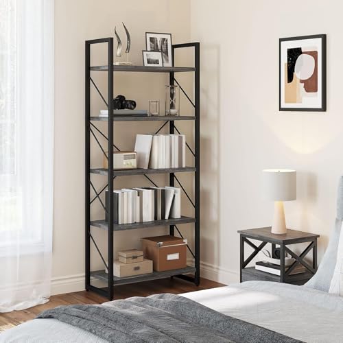 YITAHOME 5 Tiers Bookshelf, Industrial Artsy Grey Bookcase Bookshelves, Book Rack, Storage Rack Shelves Books Holder Organizer for Books Movies in Liv