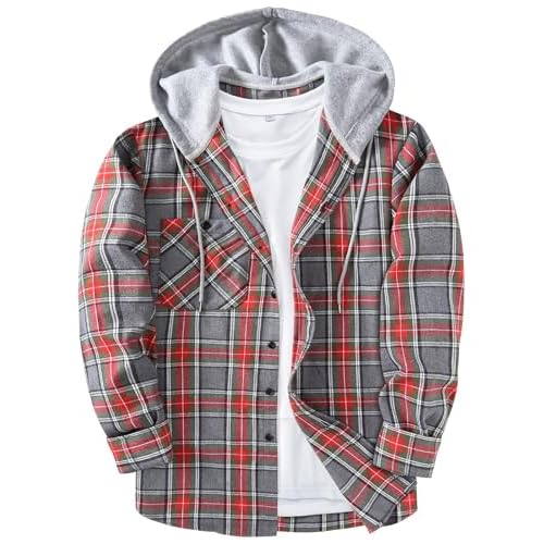 ZITY Men's Flannel Hoodie Shirts Casual Button Down Plaid Shirt Jackets for Men Long Sleeve Stylish Hooded with Pocket Medium Redgray