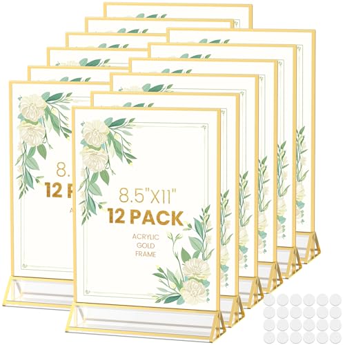 Acrylic Sign Holder 8.5x11 Gold Frames Double-Sided Gold Picture Frames for Flyer Menu Wedding Table Number Christmas Photo Frame with Glue Dots - 12