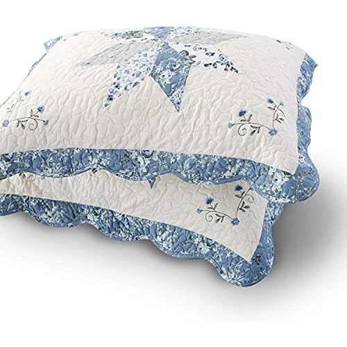 KASENTEX Farmhouse Floral Design Pillow Covers Colorful Shabby Flowers Print Pillowcases, Cotton Fabric, Set of 2 King Patchwork Pillow Shams(Blue, 20