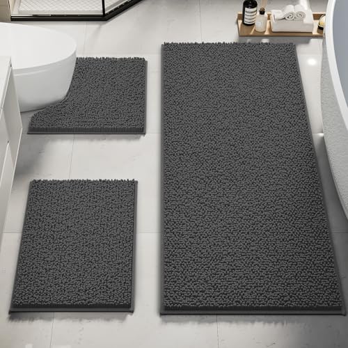 Upgrade Extra Large Bathroom Rugs Set 3 Pieces Thick Absorbent Chenille Bath Mat,Ultra Soft Mats,Non Slip Bathroom Floor Mats,Washable Toilet Rug for,