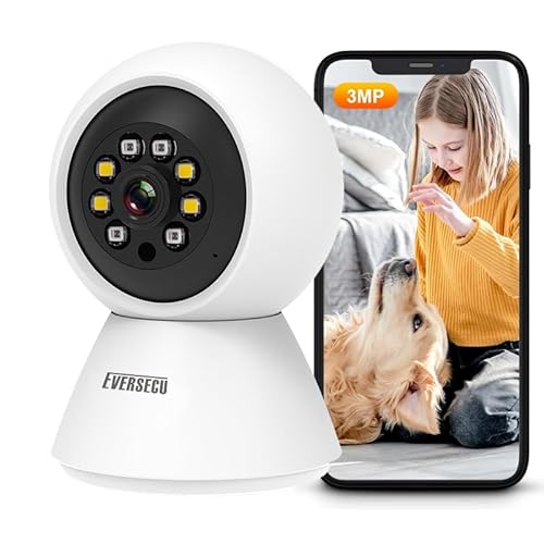 EVERSECU HD 2K 3.0MP WiFi Home Security Camera, Pan-tilt, Humanoid Auto Tracking, 2 Way Audio, Night Vision, Compatible with Alexa, Baby Monitor Elder