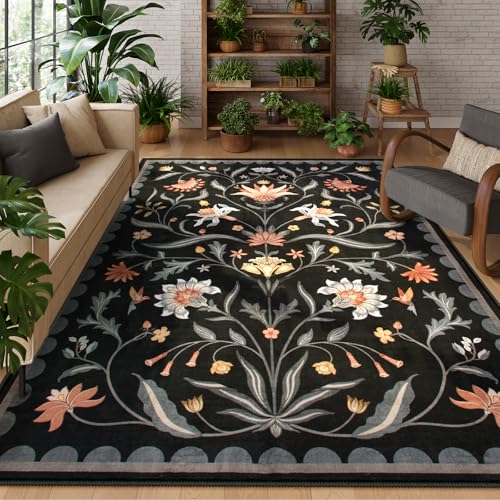 Lahome Boho Floral Washable Black 8x10 Area Rugs for Living Room, Non Slip Rugs for Bedroom, Ultra-Thin Indoor Throw Dining Room Carpet for Under Tabl