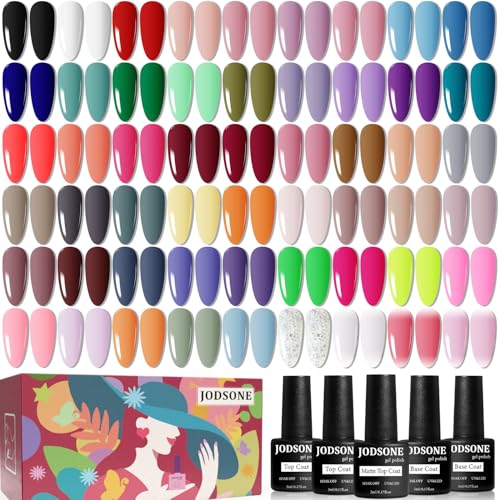 JODSONE 60 PCS Gel Nail Polish Set with 5 Bottles of Base and Glossy Matte Top Coat Soak off Gel Nail Set Suitable for All Seasons Gifts 60SET 01