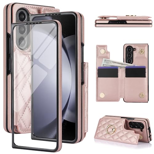 for Samsung Galaxy Z Fold 7 Wallet Case with Ring, 4 Card Slots & Cash Clip - Magnetic Clasp Closure, Front Tempered Glass Screen Protector & Reinforc
