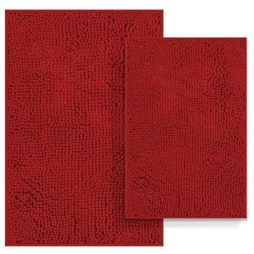 Red Bathroom Rugs Set 2 Piece Ultra Thick Bath Rugs Set Bath Mats, Washable Soft Chenille Bathroom Sets, Bathtub Mat, Ultra Absorbent Bath Carpet Red