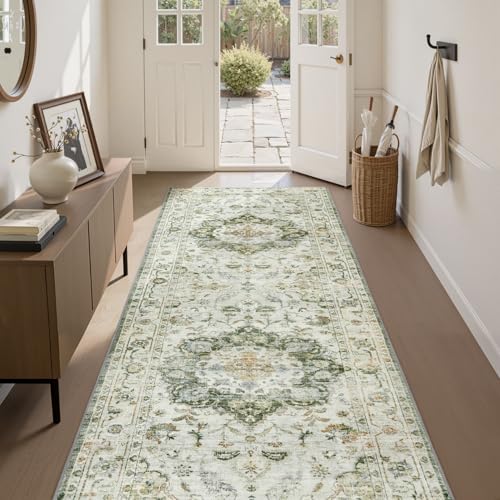 PADOOR-Vintage Runner Rug 2X10 Runners for Hallways-Soft Green Washable Bedside Rugs for Bedroom-Non Slip Long Rug for Hallways Entryway Laundry Room