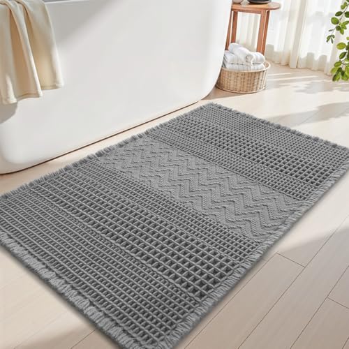 AMOAMI Waffle Bath-Mat, Super Absorbent Bath Mats for Bathroom, Boho Bathroom Rugs Non Slip Washable, Ultra Soft Bathroom-Mat with Tassels Bath Rugs f