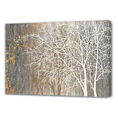 Yihui Arts Canvas Wall Art Hand Painted White Tree Pictures Brown Forest Painting Modern Abstract Landscape Nature Artwork for Bedroom Bathroom Home O