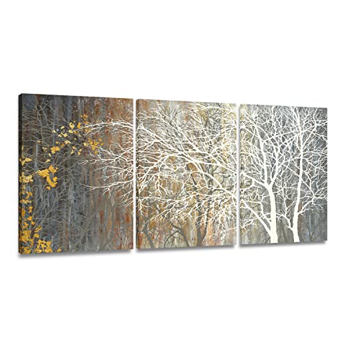 Yihui Arts Brown Canvas Wall Art - Tree Couples Paintings with Gold Foil - 3 Panels Abstract Forest Pictures for Farmhouse Bedroom Bathroom Living Roo