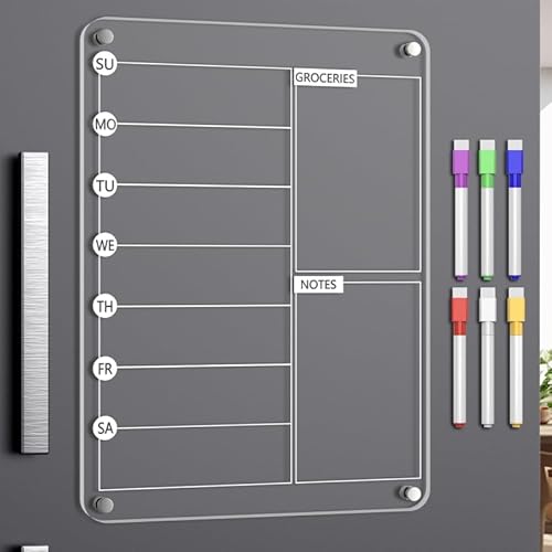 Acrylic Meal Planner Magnetic Menu Board for Kitchen Fridge, 13"x9" Clear Weekly Calendar Planning Board Noteboard Refrigerator Dry Erase Board to Do-