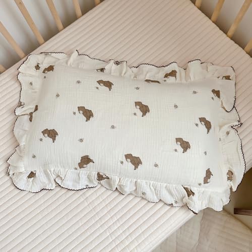BuLuTu Cartoon Bear Muslin Pillowcase for Boys Girls Cute Animal Print Toddler Pillow Cases Soft Breathable Cotton Crib Cradle Pillow Cover for Kids N