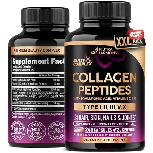 Multi Collagen Peptides - Hydrolyzed Types I, II, III, V & X - Collagen Supplement for Women 1300mg - w- Hyaluronic Acid, Vitamins C & E - Skin, Hair,