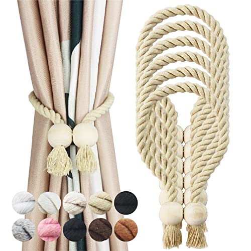 6 Pack Dark Beige Magnetic Curtain Tiebacks Cotton Hand Woven Tieback Holdback Decorative Tie Backs for Drapes with Wooden Buckle No Tools Required Da