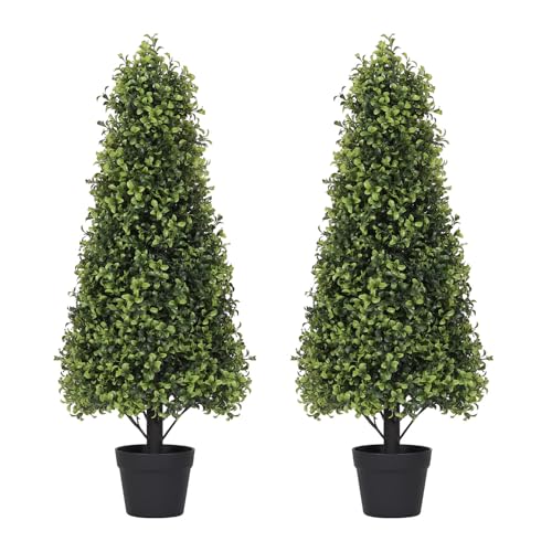 3ft Artificial Boxwood Topiary Trees (Set of 2) - UV Resistant Faux Plants Outdoor, Realistic 36in Fake Cone Bushes and Shrubs for Front Porch, Plante