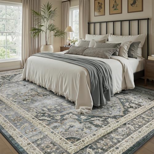 Grey Washable 6x9 Area Rugs for Living Room Rug Bedroom Rug Carpet Neutral Vintage Dining Room Rugs for Under Table Soft Comfortable Non Slip Grey 6'