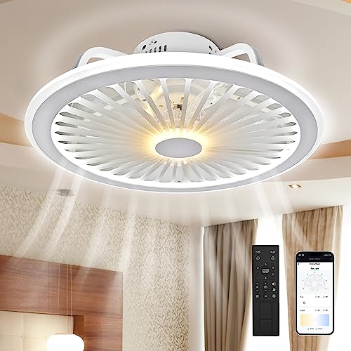 Modern Ceiling Fans with Lights,19" Low Profile Ceiling Fan,3000K-6500K Smart Dimmable，Flush Mount Ceiling Fan for Bedroom, Kids Room and Living Roo