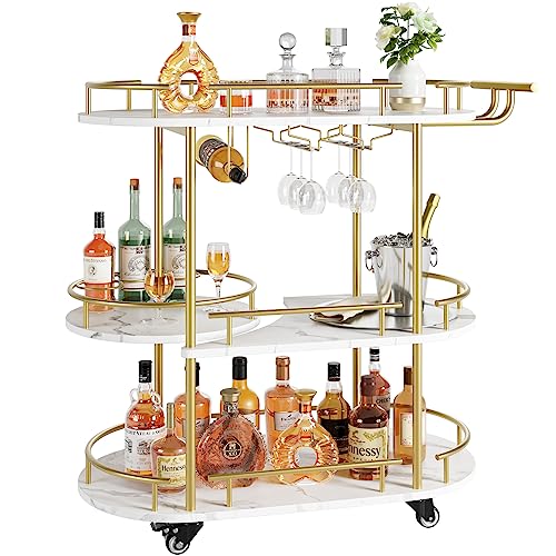 Garvee Gold Bar Cart 3 Tier with Wine Rack & Glass Holder, Rotating Turntable, Faux Marble, Lockable Wheels, Easy Assembly, for Living Room & Kitchen